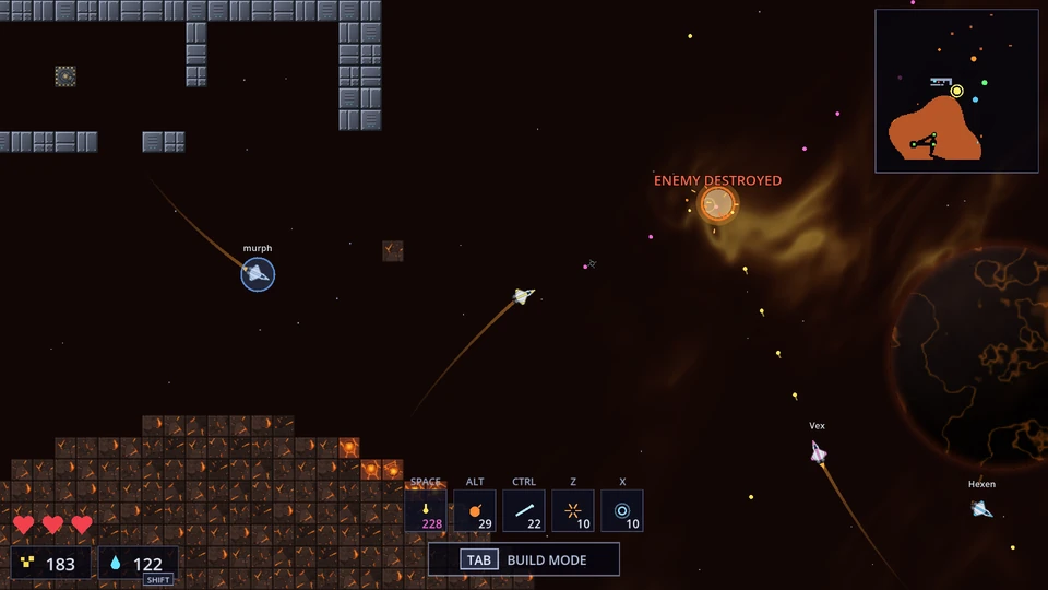 Ships exchange fire beside a volcanic planet as an enemy ship explodes