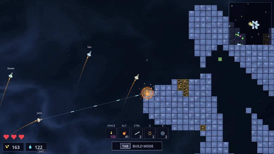 A squadron flies past blue ice formations under turret fire